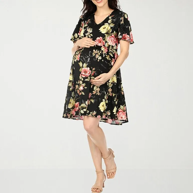 White Mark Maternity Womens Maternity V Neck Short Sleeve Floral A-Line Dress