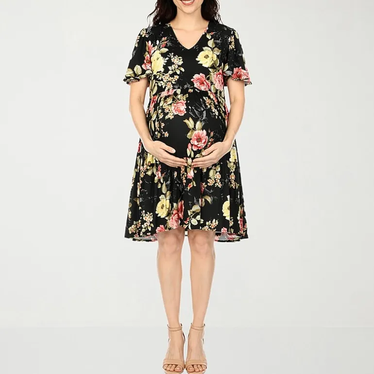 White Mark Maternity Womens Maternity V Neck Short Sleeve Floral A-Line Dress