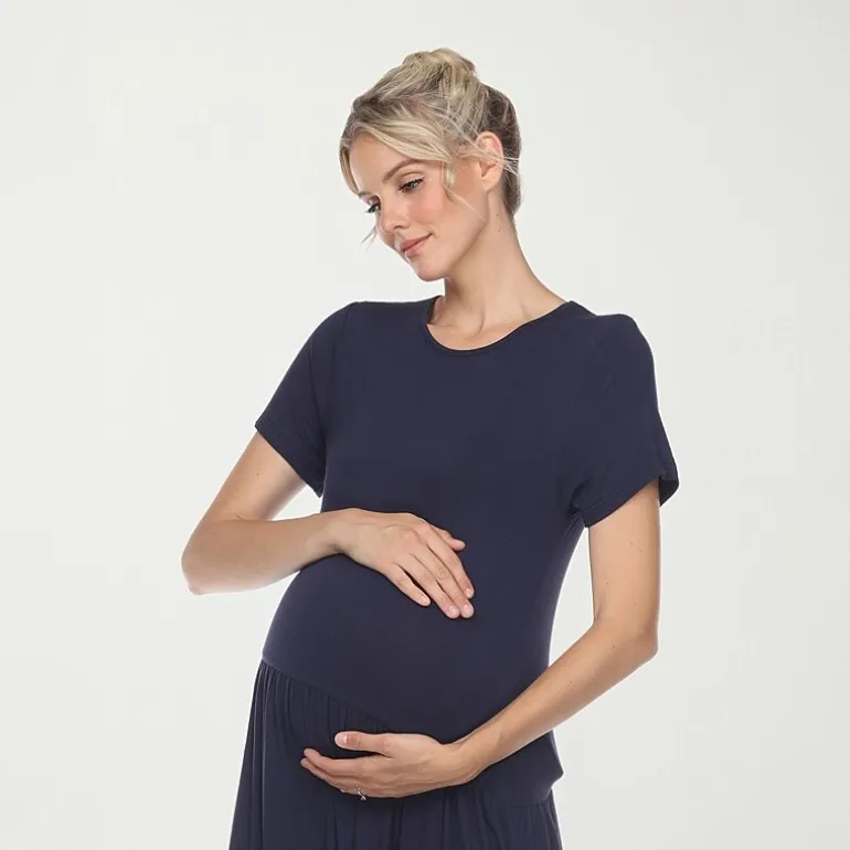 White Mark Womens Maternity Crew Neck Short Sleeve Fitted Maxi Dress