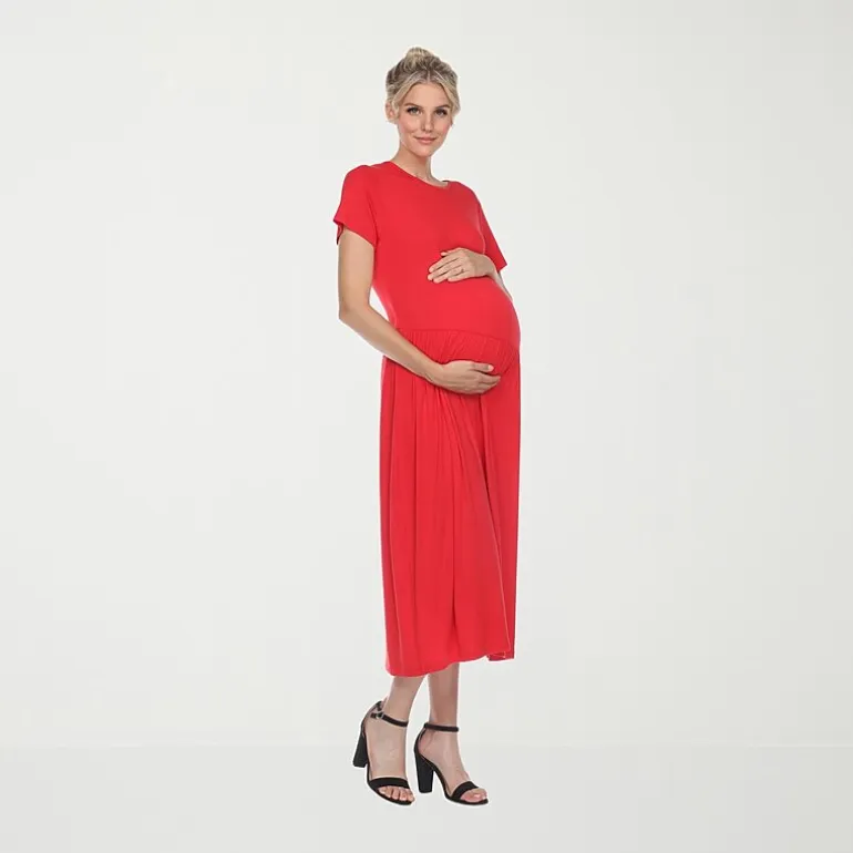 White Mark Womens Maternity Crew Neck Short Sleeve Fitted Maxi Dress