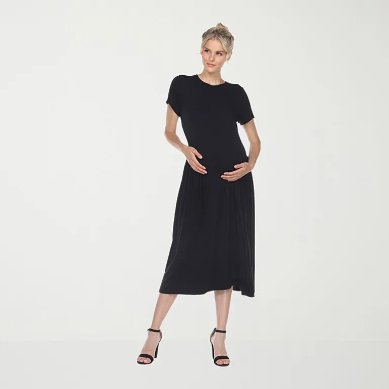 White Mark Womens Maternity Crew Neck Short Sleeve Fitted Maxi Dress
