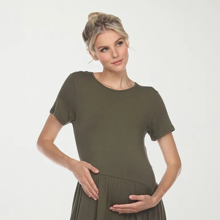 White Mark Womens Maternity Crew Neck Short Sleeve Fitted Maxi Dress