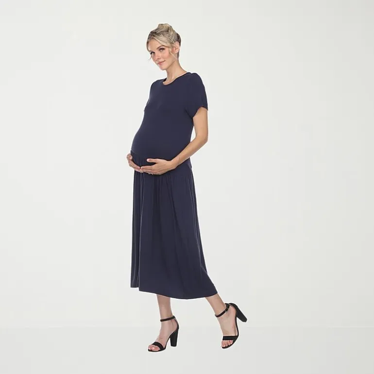 White Mark Womens Maternity Crew Neck Short Sleeve Fitted Maxi Dress