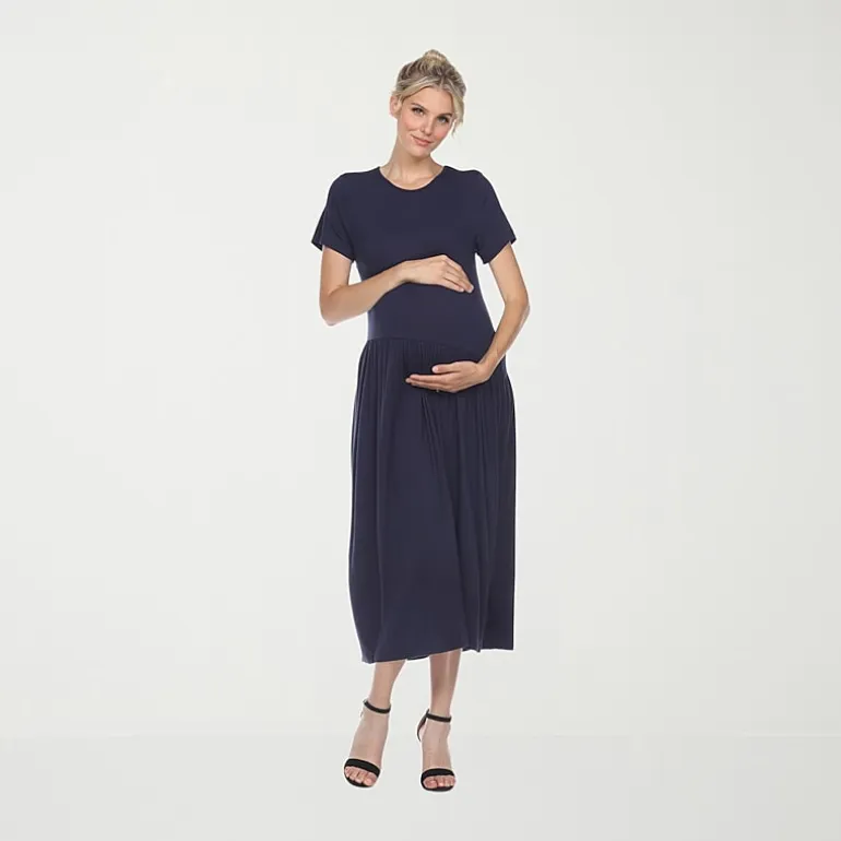 White Mark Womens Maternity Crew Neck Short Sleeve Fitted Maxi Dress
