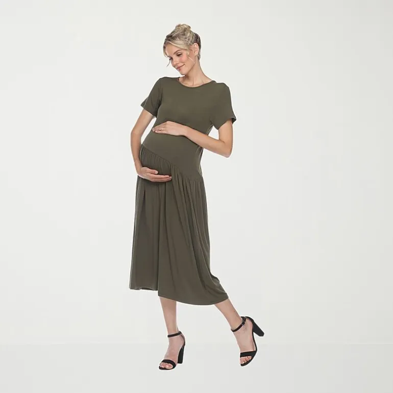 White Mark Womens Maternity Crew Neck Short Sleeve Fitted Maxi Dress