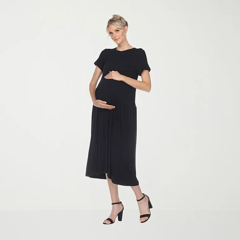 White Mark Womens Maternity Crew Neck Short Sleeve Fitted Maxi Dress