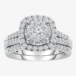 Womens 1 CT. T.W. Lab Grown White Diamond 10K or 14K White Gold Cushion Side Stone Halo Bridal Set