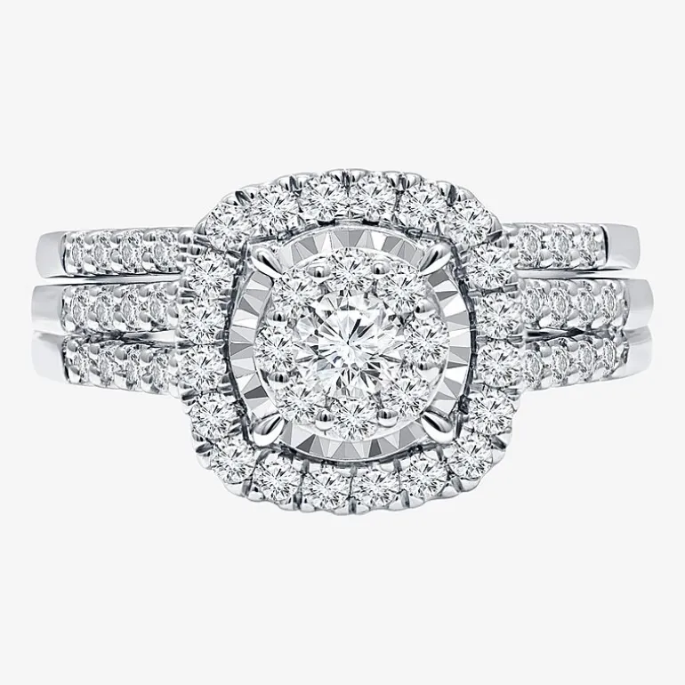 Womens 1 CT. T.W. Lab Grown White Diamond 10K or 14K White Gold Cushion Side Stone Halo Bridal Set