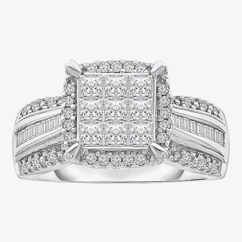 Womens 1 CT. T.W. Lab Grown White Diamond Side Stone Halo Engagement Ring