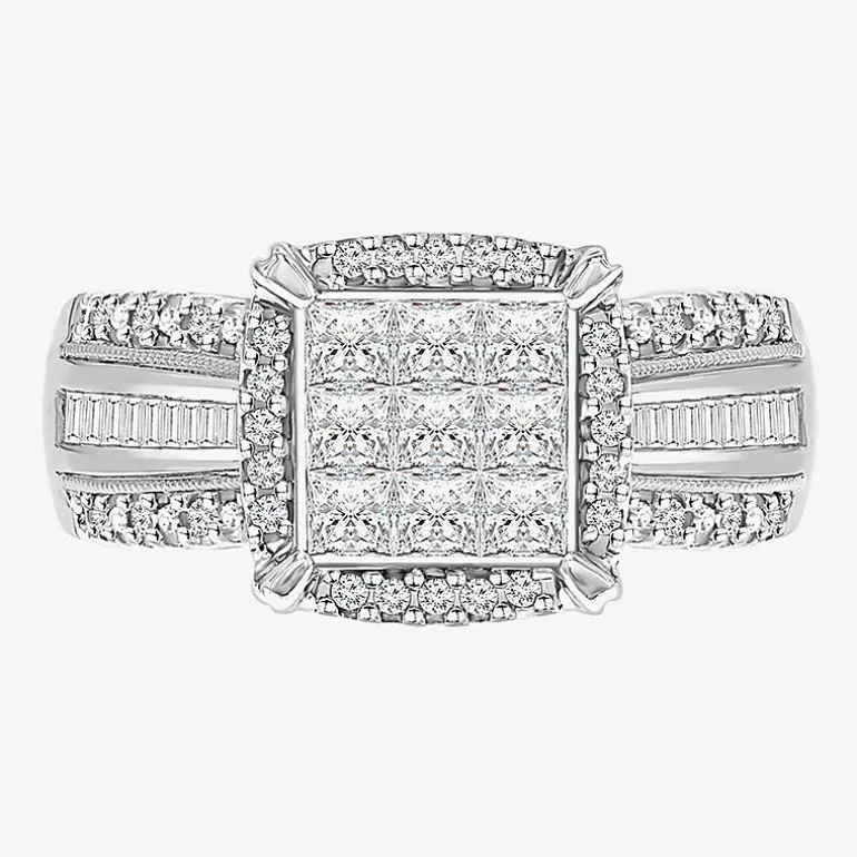 Womens 1 CT. T.W. Lab Grown White Diamond Side Stone Halo Engagement Ring