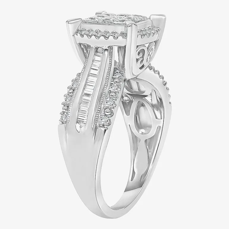 Womens 1 CT. T.W. Lab Grown White Diamond Side Stone Halo Engagement Ring