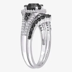 Womens 1 1/2 CT. T.W. Natural Black Diamond 10K Gold Cushion Side Stone Halo Bridal Set