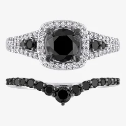 Womens 1 1/2 CT. T.W. Natural Black Diamond 10K Gold Cushion Side Stone Halo Bridal Set