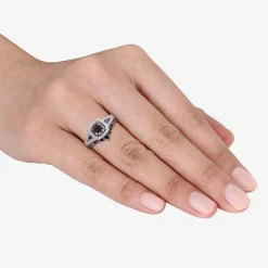 Womens 1 1/2 CT. T.W. Natural Black Diamond 10K Gold Cushion Side Stone Halo Bridal Set