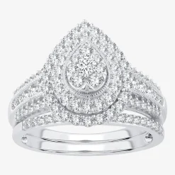 Womens 1 CT.T.W. Natural Diamond 10K or 14K White Gold Pear Halo Bridal Set
