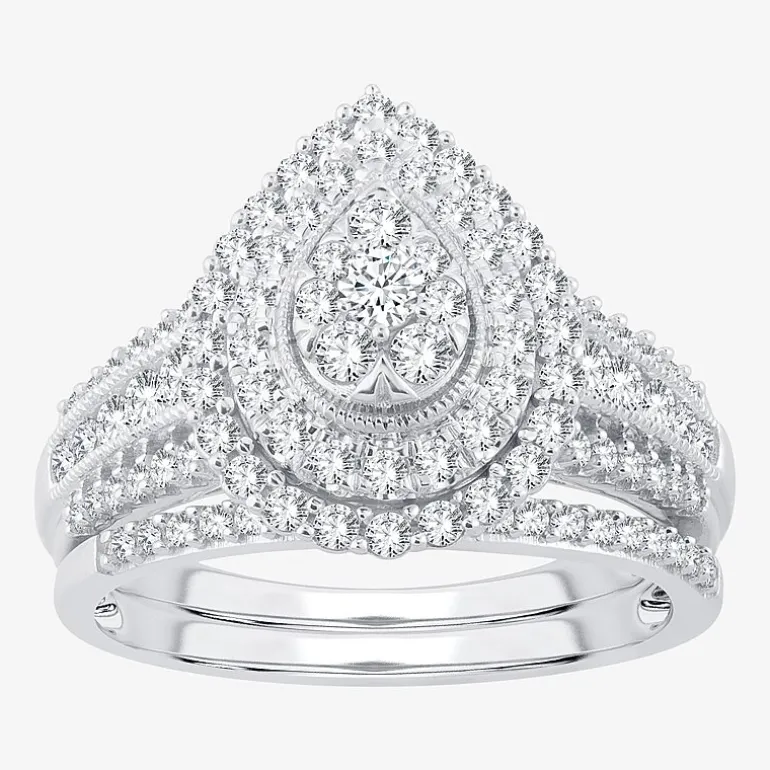 Womens 1 CT.T.W. Natural Diamond 10K or 14K White Gold Pear Halo Bridal Set
