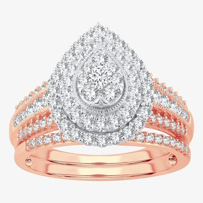 Womens 1 CT.T.W. Natural Diamond 10K or 14K White Gold Pear Halo Bridal Set
