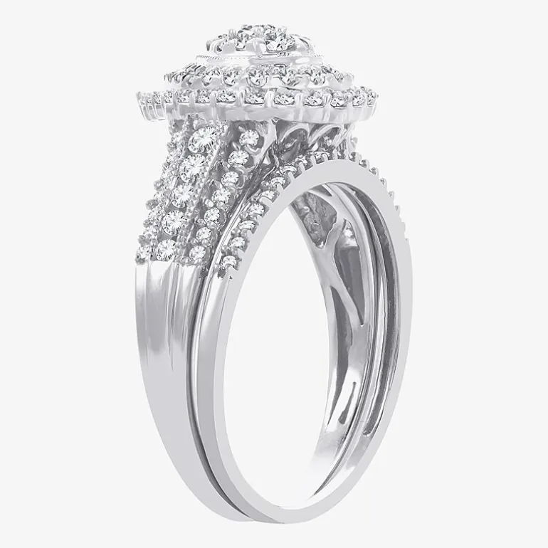Womens 1 CT.T.W. Natural Diamond 10K or 14K White Gold Pear Halo Bridal Set