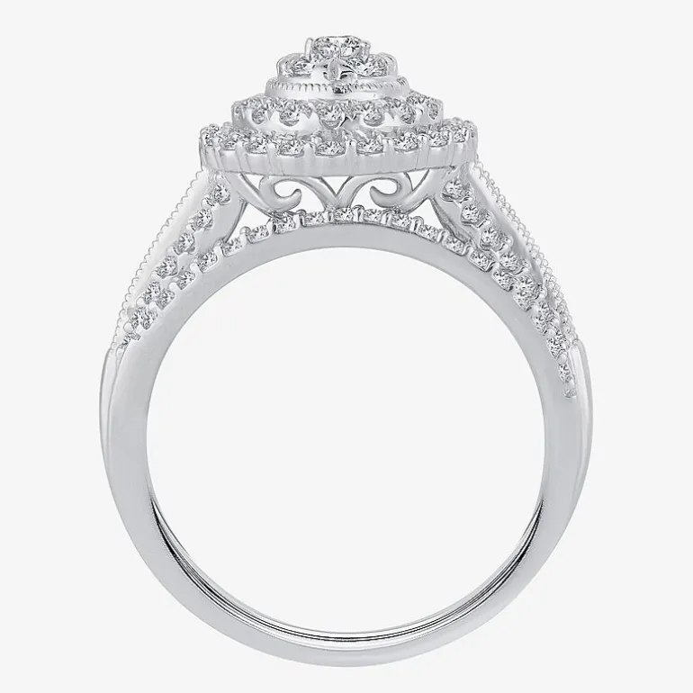 Womens 1 CT.T.W. Natural Diamond 10K or 14K White Gold Pear Halo Bridal Set