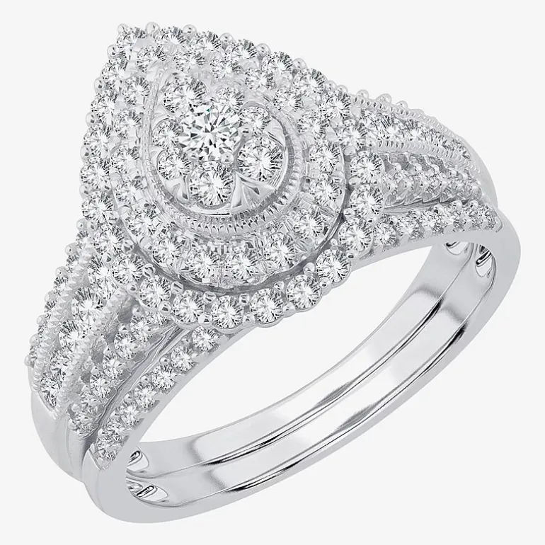 Womens 1 CT.T.W. Natural Diamond 10K or 14K White Gold Pear Halo Bridal Set