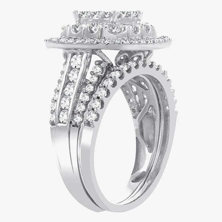 Womens 2 CT.T.W. Natural Diamond 10K or 14K White Gold Cushion Halo Bridal Set