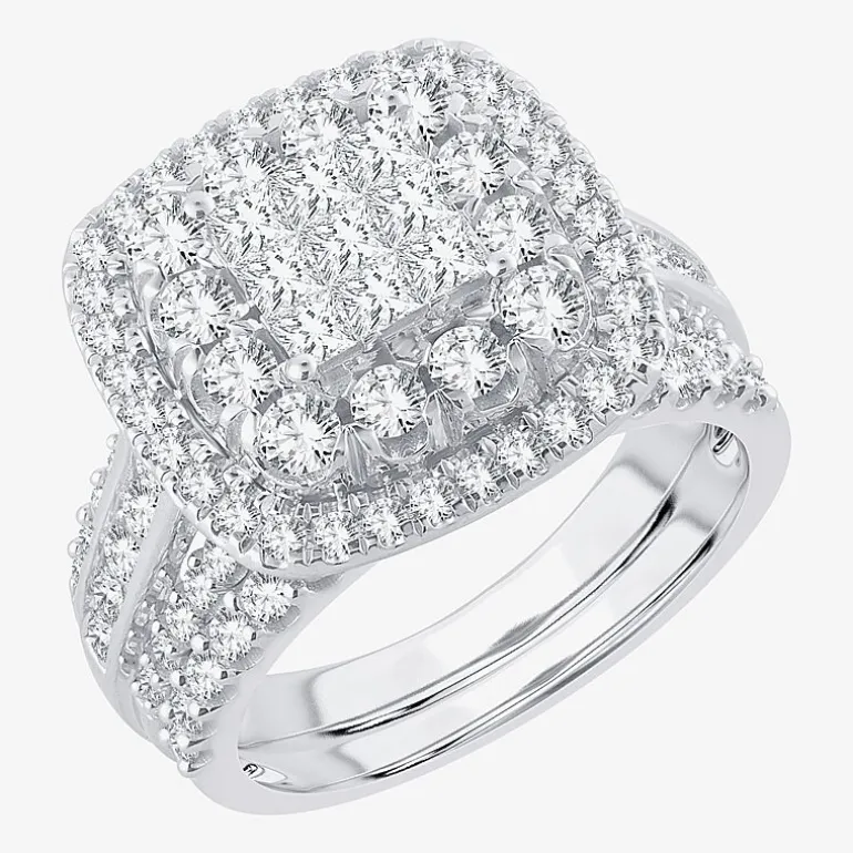 Womens 2 CT.T.W. Natural Diamond 10K or 14K White Gold Cushion Halo Bridal Set