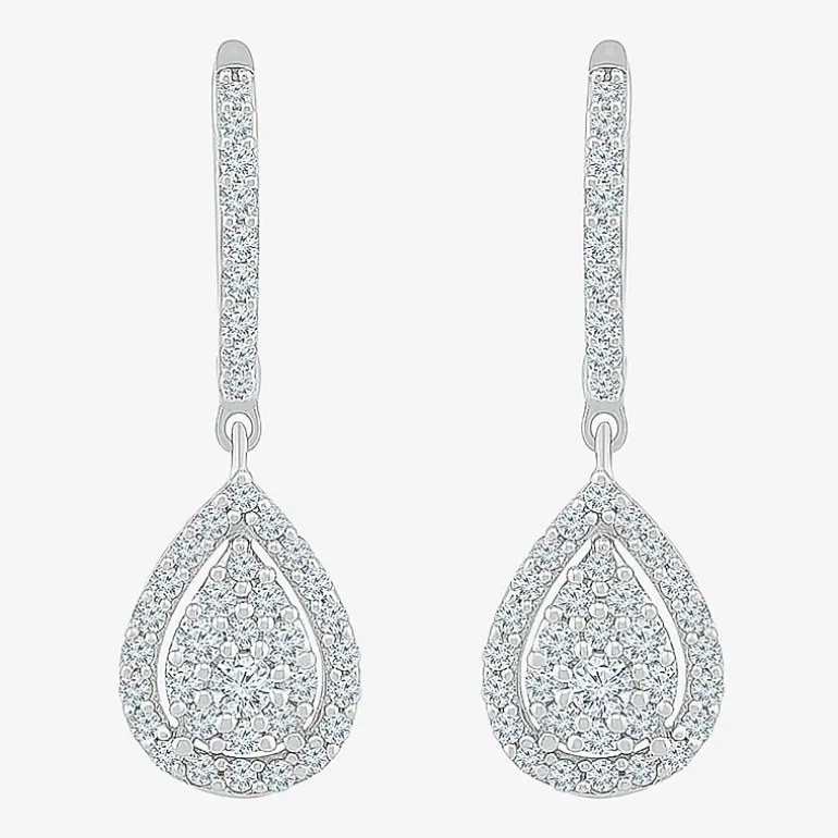 Womens 3/4 CT. T.W. Natural White Diamond 10K Gold 26.3mm Pear Hoop Earrings