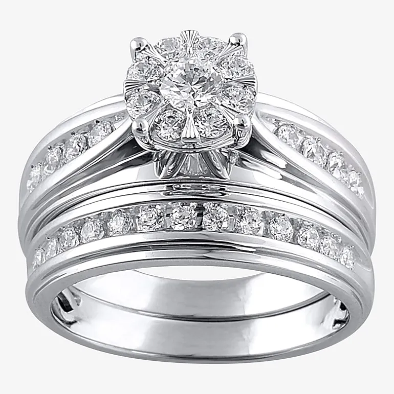 Womens 1 CT. T.W. Natural White Diamond 10K Gold Round Side Stone Bridal Set