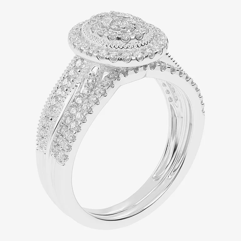 Womens 1/2 CT. T.W. Natural White Diamond 10K Gold Oval Side Stone Halo Bridal Set