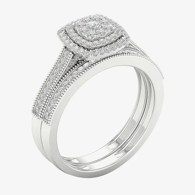 Womens 1/3 CT. T.W. Natural White Diamond 10K Gold Cushion Halo Bridal Set
