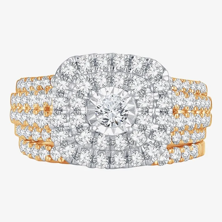 Womens 2 CT. T.W. Natural White Diamond 10K Gold Cushion Halo Bridal Set
