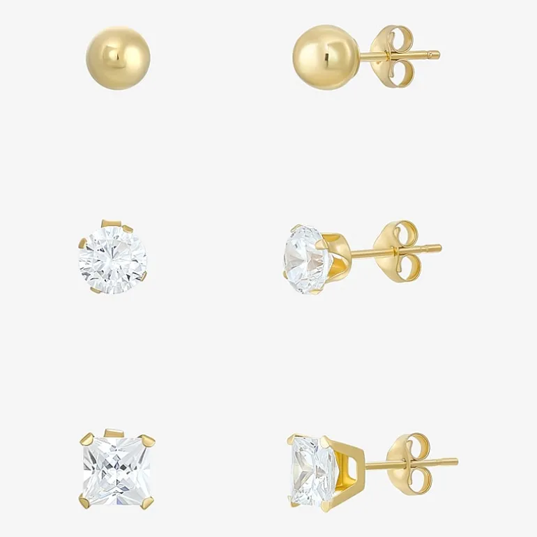 Women's Cubic Zirconia 14K Gold 6 Pair Earring Set