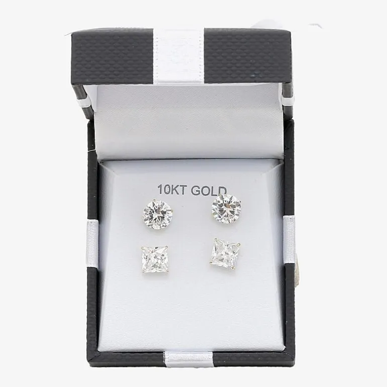 Womens Cubic Zirconia 10K Gold 2 Pair Earring Set