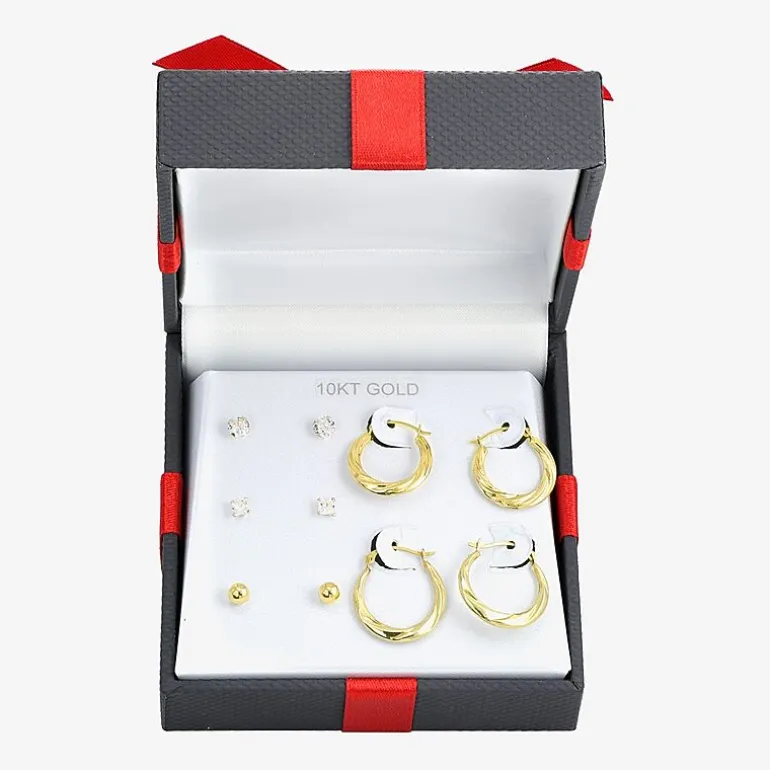 Womens Cubic Zirconia 10K Gold Round Square 5 Pair Earring Set