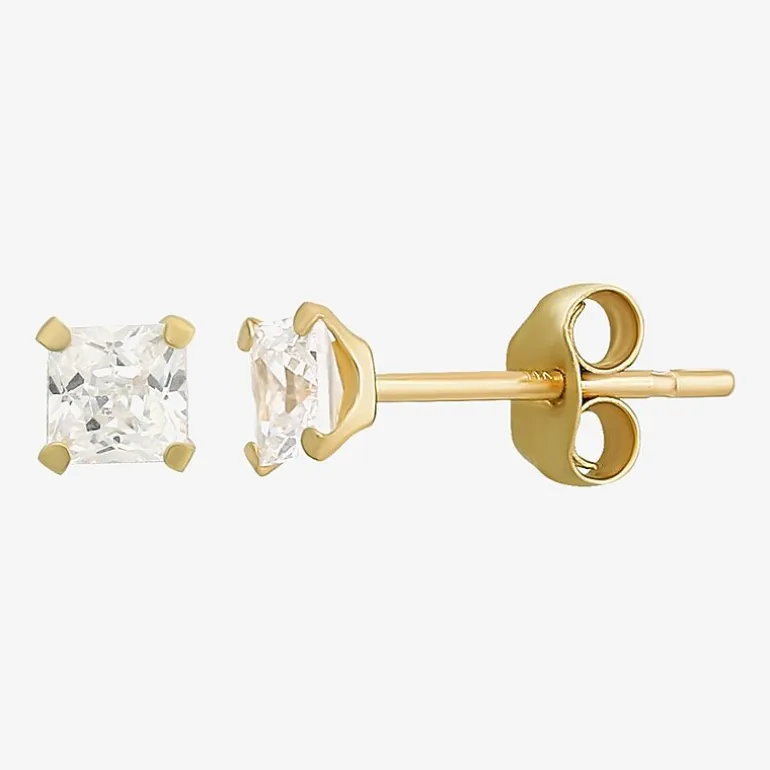 Womens Cubic Zirconia 10K Gold Round Square 5 Pair Earring Set