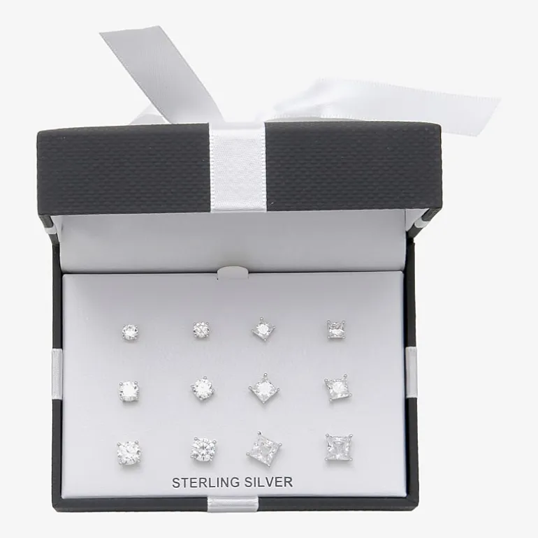 Womens Cubic Zirconia Sterling Silver Round 6 Pair Earring Set