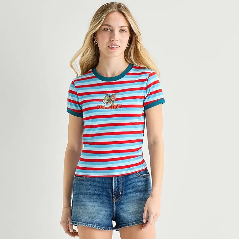 Womens Juniors Crew Neck Short Sleeve Fitted Tom and Jerry Graphic T-Shirt