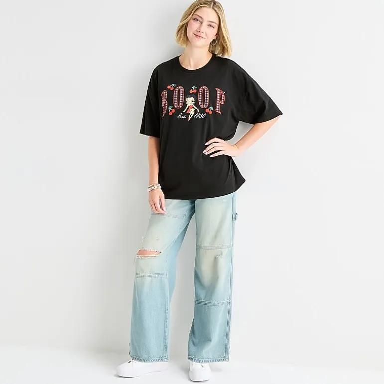 Womens Juniors Crew Neck Short Sleeve Oversized Betty Boop Graphic T-Shirt