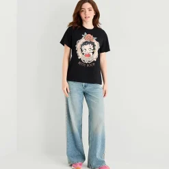 Womens Juniors Crew Neck Short Sleeve Loose Fit Betty Boop Graphic T-Shirt