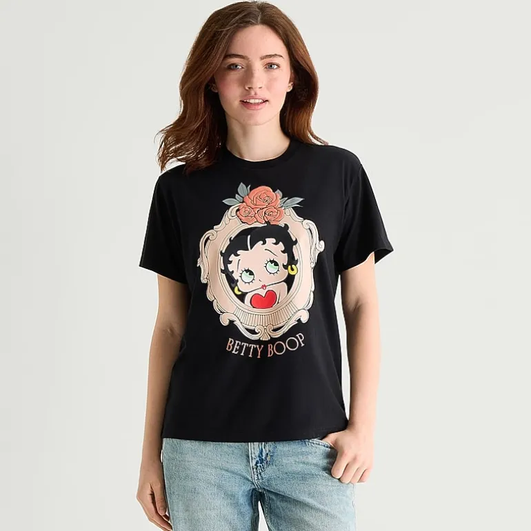 Womens Juniors Crew Neck Short Sleeve Loose Fit Betty Boop Graphic T-Shirt