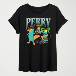 Womens Juniors Crew Neck Short Sleeve Oversized Phineas and Ferb Graphic T-Shirt