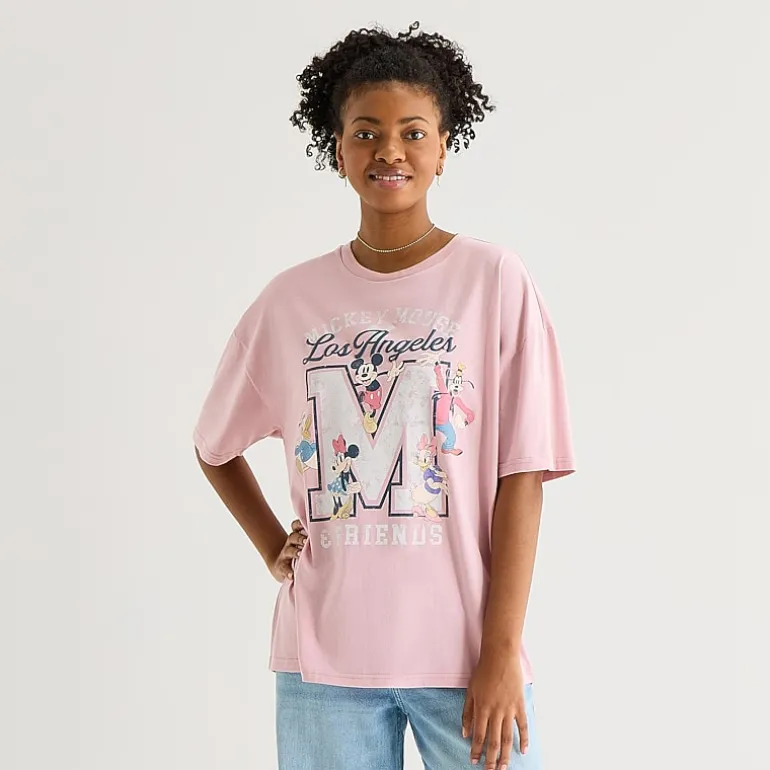 Womens Juniors Crew Neck Short Sleeve Oversized Mickey Mouse Graphic T-Shirt