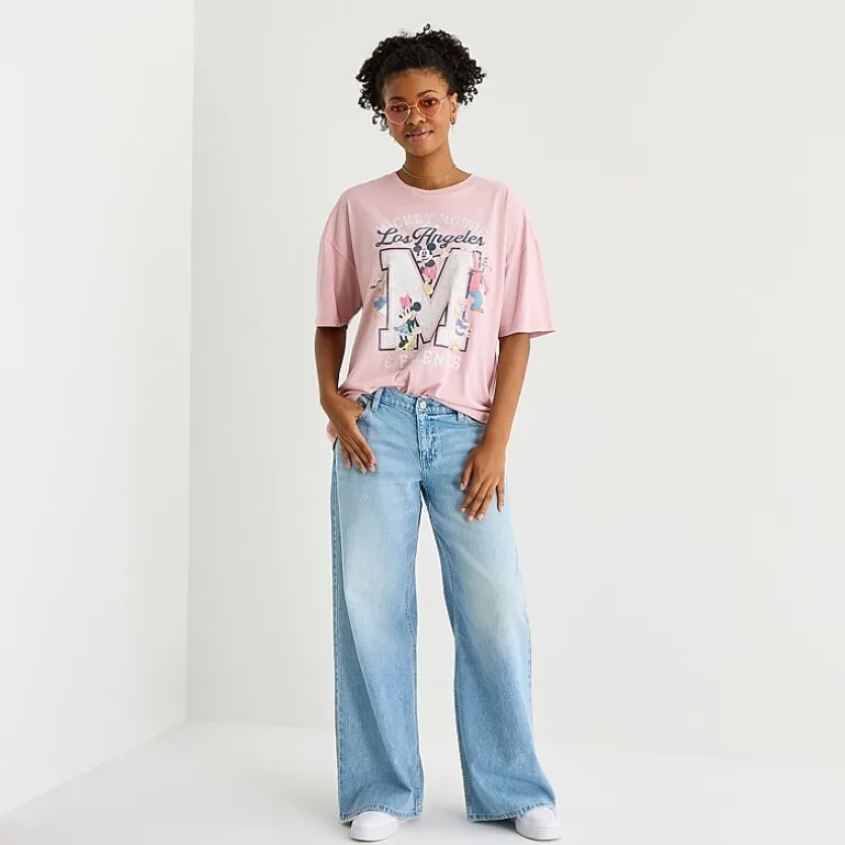 Womens Juniors Crew Neck Short Sleeve Oversized Mickey Mouse Graphic T-Shirt