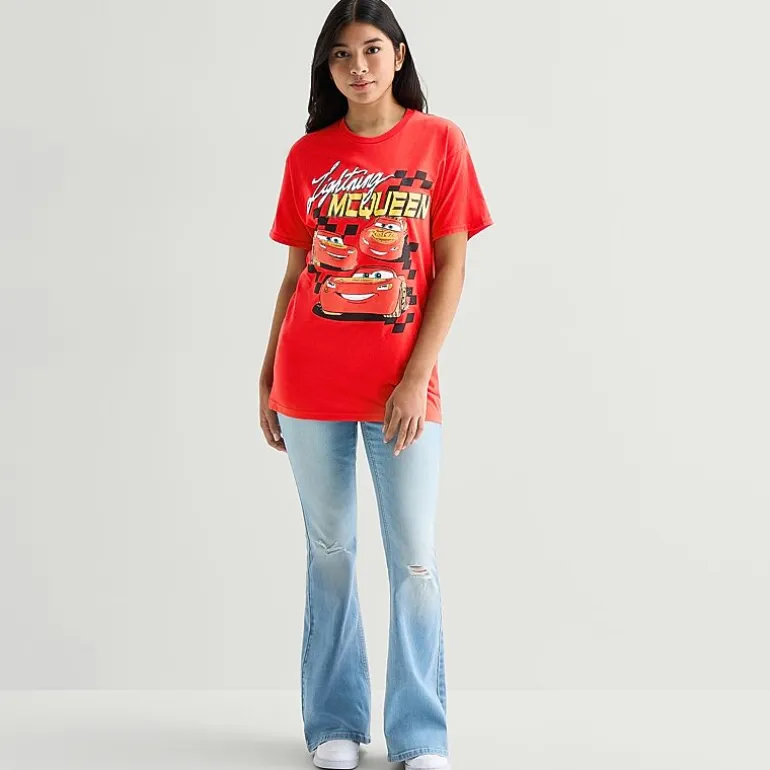 Womens Juniors Crew Neck Short Sleeve Oversized Cars Graphic T-Shirt