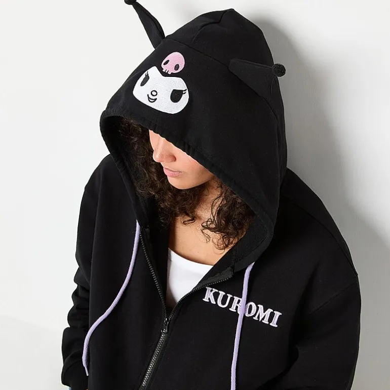 Womens Juniors Long Sleeve Kuromi Fleece Zipper Hoodie
