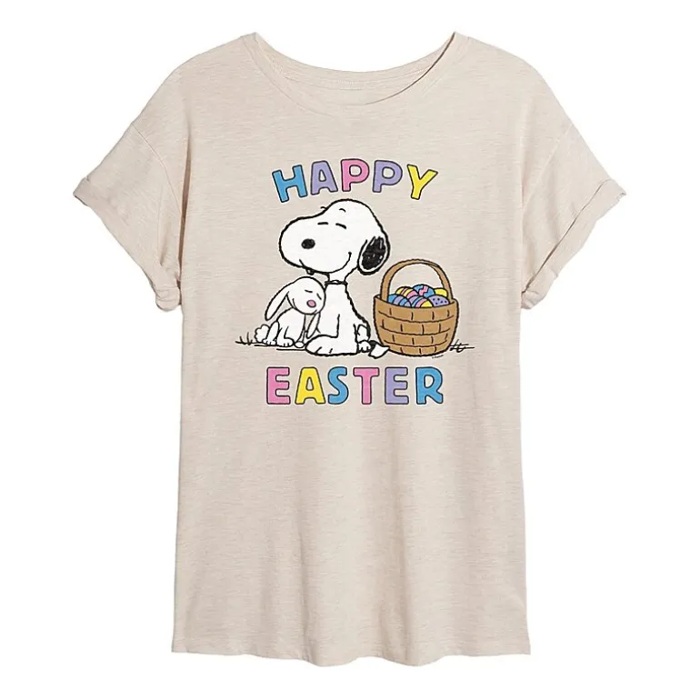 Womens Juniors Scoop Neck Short Sleeve Oversized Peanuts Snoopy Graphic T-Shirt