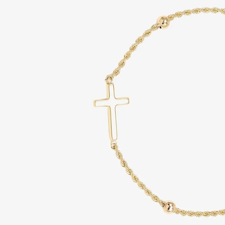 Womens 10K Gold Hollow Cross 7.5 Inch Link Bracelet