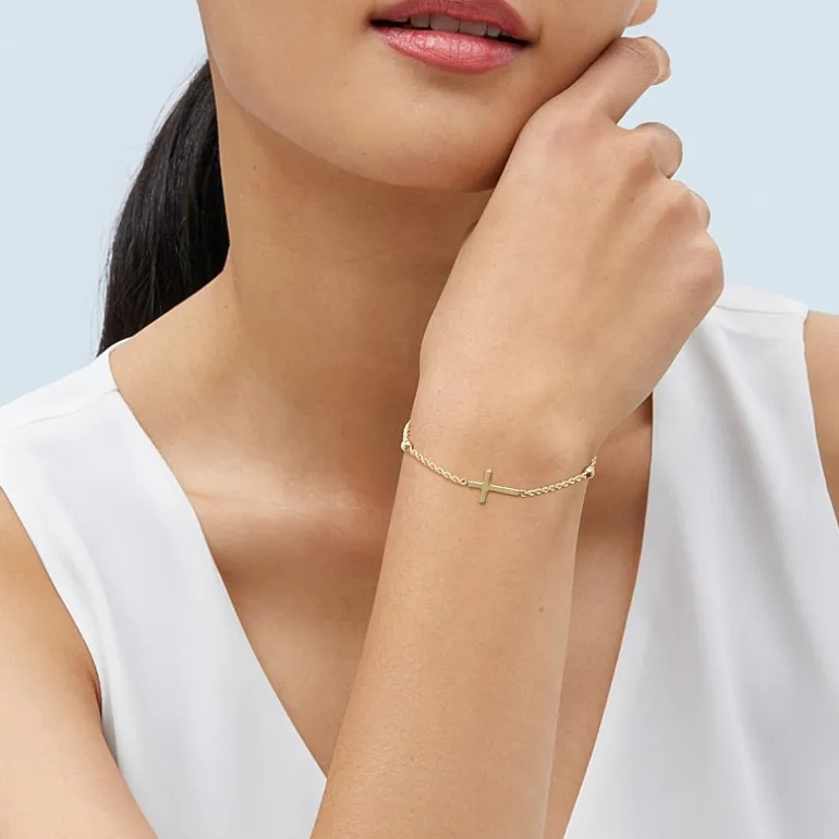 Womens 10K Gold Hollow Cross 7.5 Inch Link Bracelet