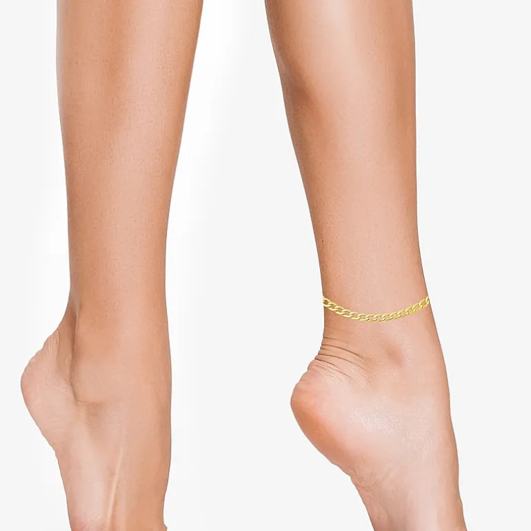 Womens 10K Gold 9 Inch Hollow Curb Ankle Bracelet