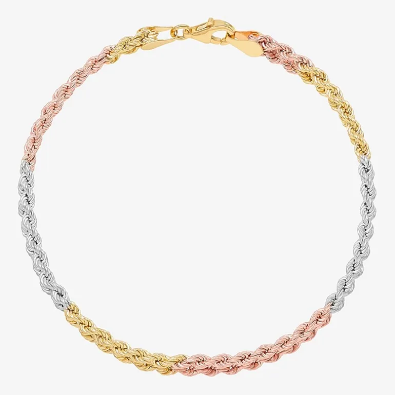 Womens 10K Tri-Color Gold 7.5 Inch Hollow Rope Butterfly Chain Bracelet